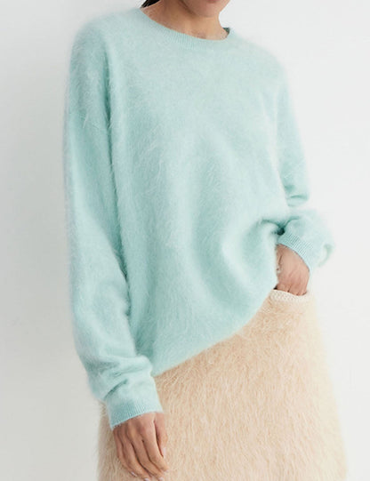 Winter Fuzzy Crew Neck Solid Color Knit Sweater