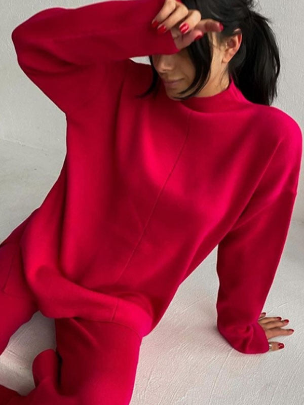 Loose Solid Color High-Neck Sweater Tops&Pants Suits
