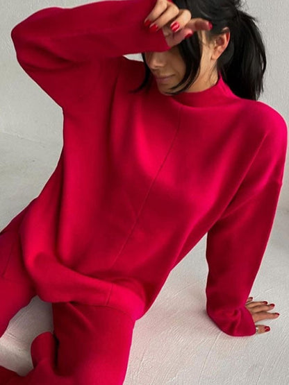 Loose Solid Color High-Neck Sweater Tops&Pants Suits