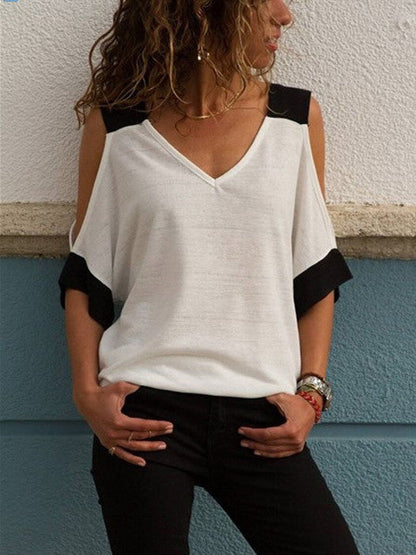 Summer Tshirt For Women New Fashion Sexy Off Shoulder V-Neck T-Shirt Women Black White Patchwork Top Tees