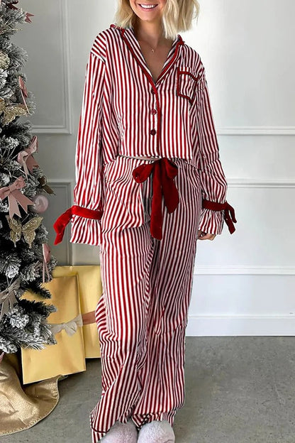 Striped Printed Color-blocked Trim Long-sleeved Loose Top and Elastic Waist Belt Wide-leg Pants Set