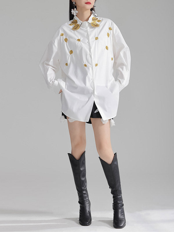 Long Sleeves Loose Buttoned Embroidered Split-Side Lapel Blouses&Shirts Tops