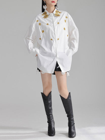 Long Sleeves Loose Buttoned Embroidered Split-Side Lapel Blouses&Shirts Tops