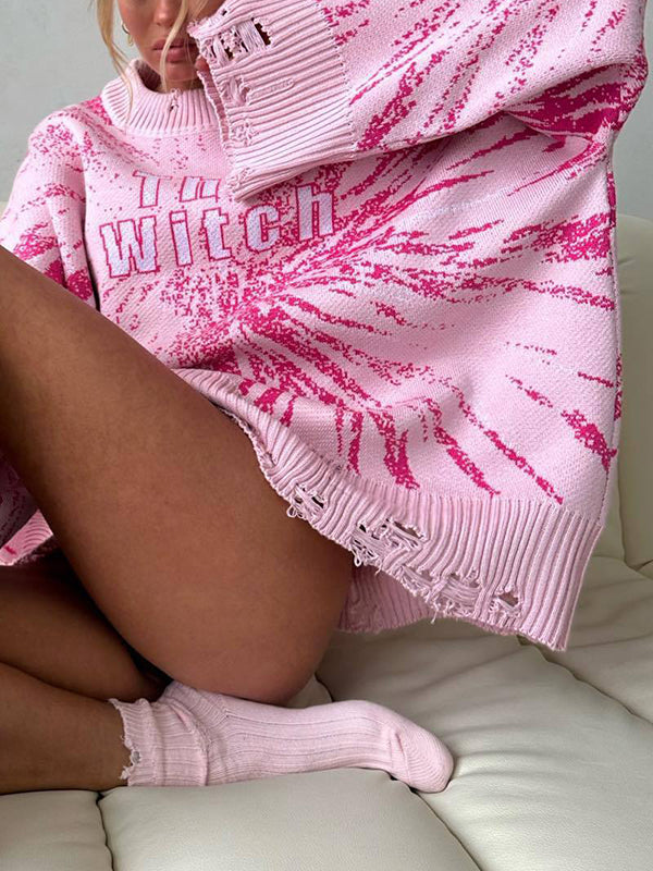 Long Sleeves Loose Hollow Knitted Letters Round-Neck Knitwear Pullovers Sweater Tops