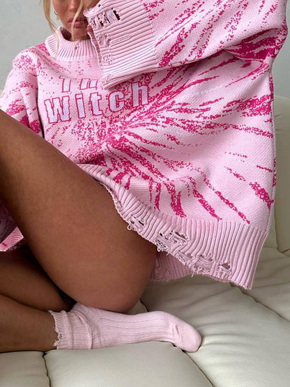 Long Sleeves Loose Hollow Knitted Letters Round-Neck Knitwear Pullovers Sweater Tops
