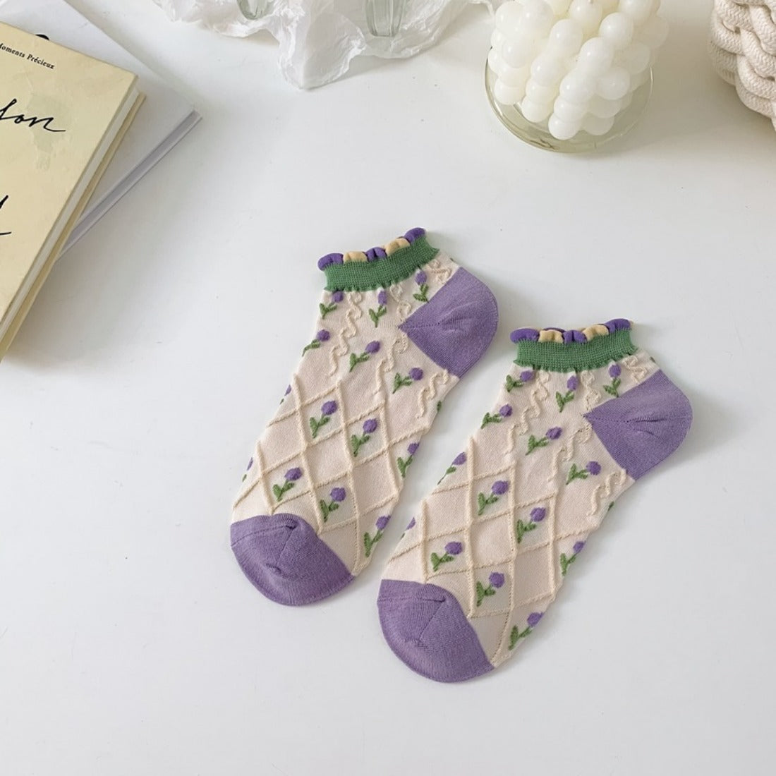 Rufia - Diamond Pattern Floral Ankle Socks