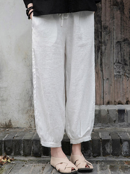 Simple Linen Solid Color Elasticity Waist Loose Knickerbockers&Capri-Pants