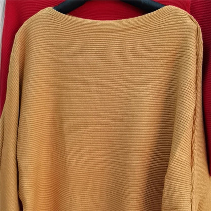 Solid Color One-Word Collar Bat Sleeve Knit Sweater