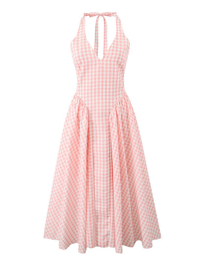Sexy V-Neck Halter Plaid Maxi Dress