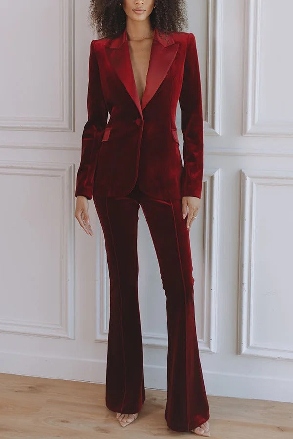 Delicate Daze Velvet Satin Lapel Button Up Long Sleeve Tapered Waist Blazer