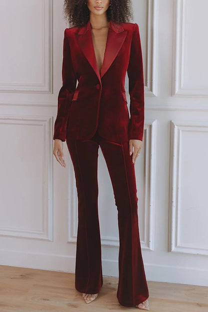 Delicate Daze Velvet Satin Lapel Button Up Long Sleeve Tapered Waist Blazer