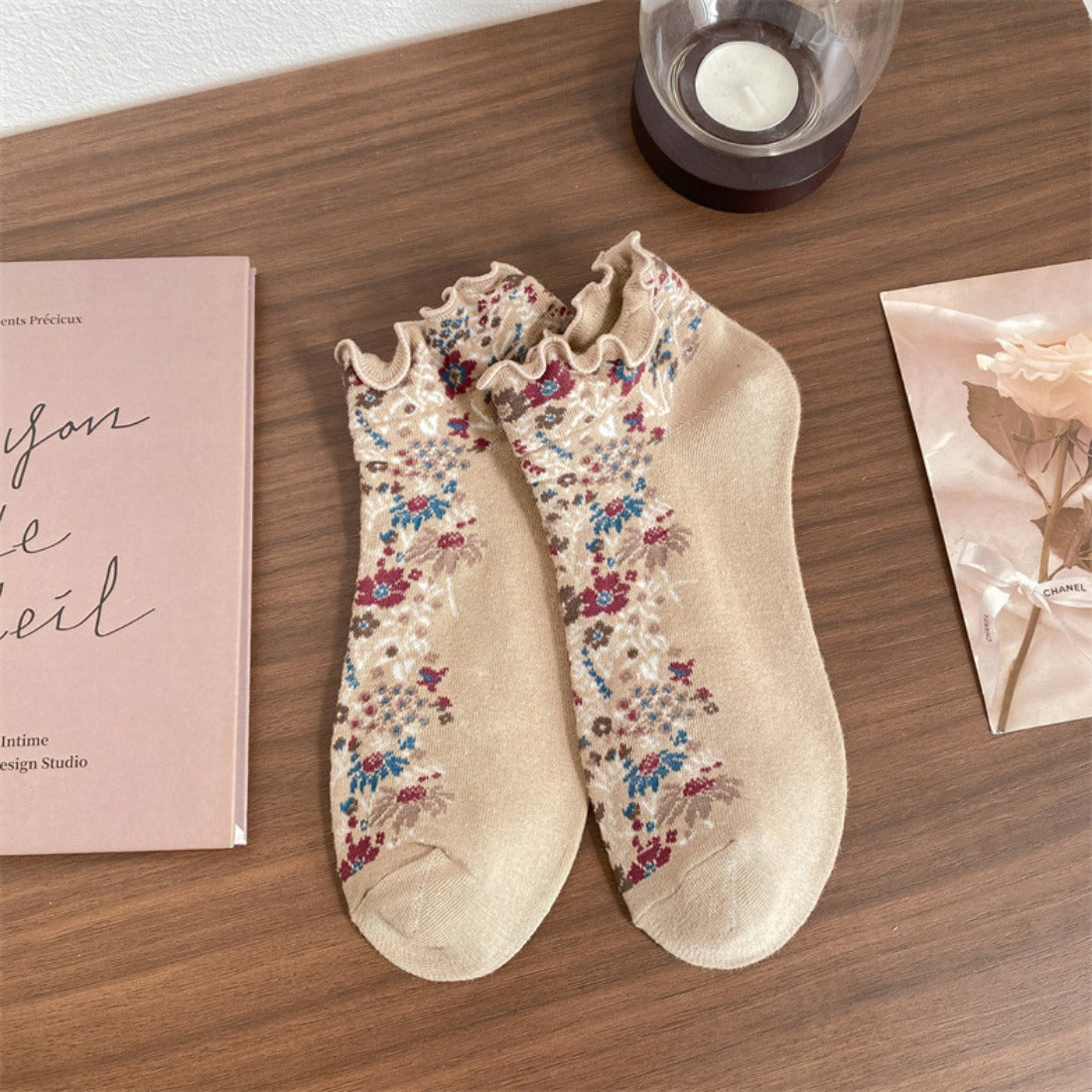 Rufia - Floral Ruffle Trim Ankle Socks