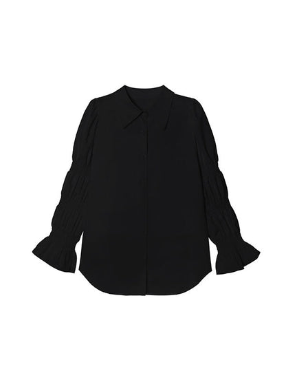 Puff Sleeves Pleated Solid Color Split-Joint Lapel Blouses