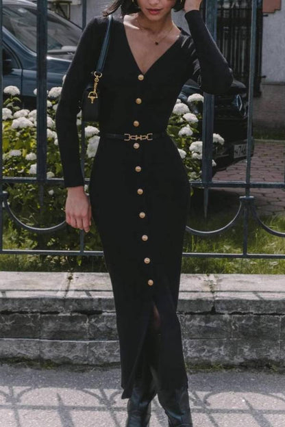 V-neck single-breasted slim-fit knit slit dress (belt not included)