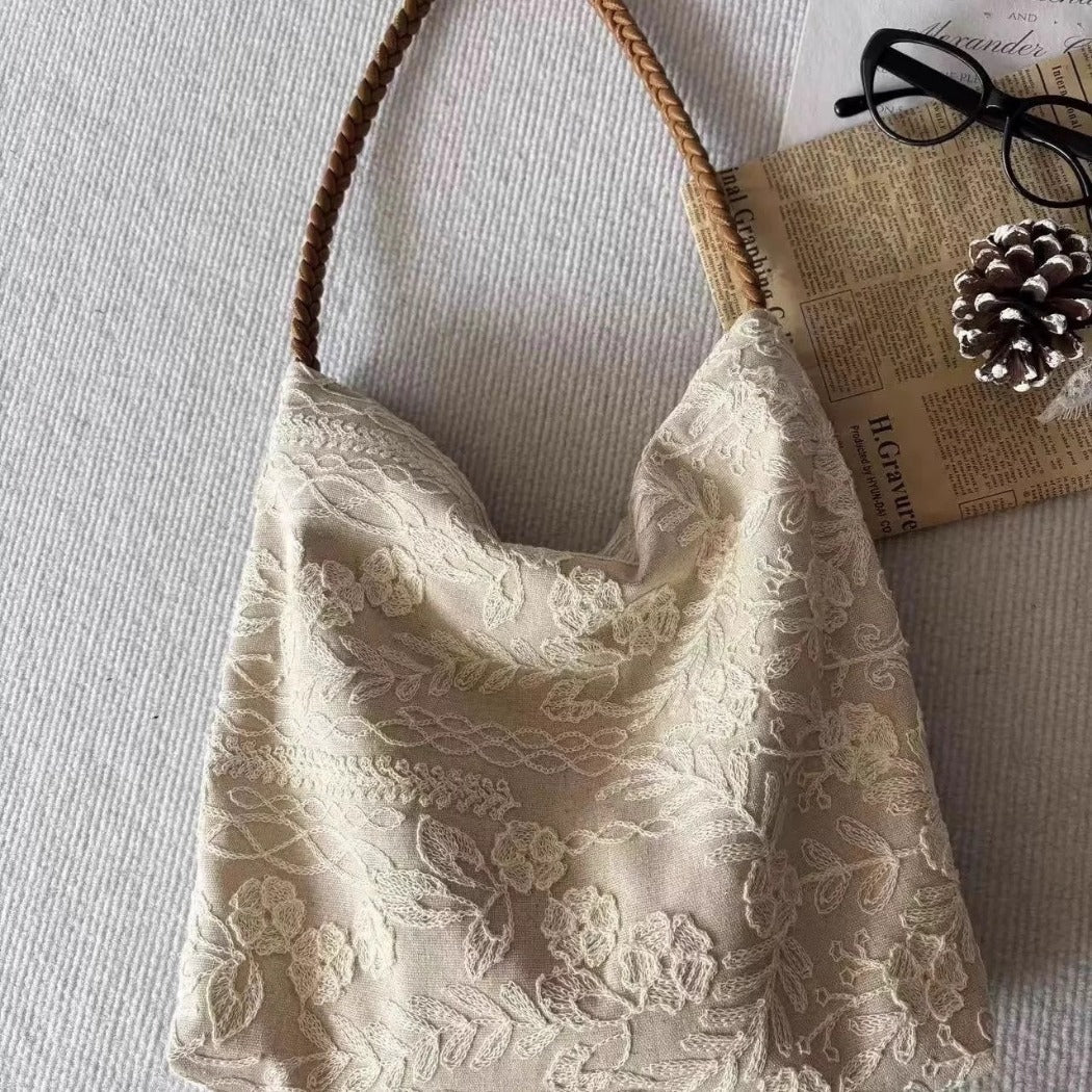 Cosbai - Embroidered Flower Shoulder Tote Bag - Basic &amp; Simple