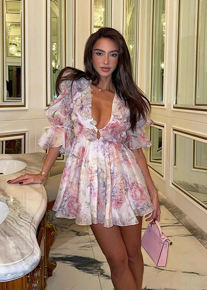 Floral Ruffle Puff Sleeve Polyester Mini Dress