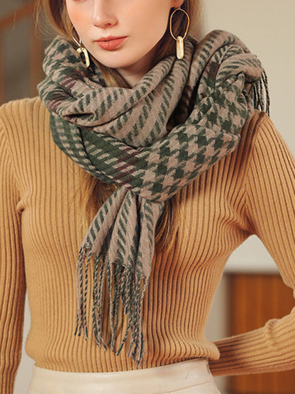 Houndstooth Plaid Tasseled Shawl&Scarf