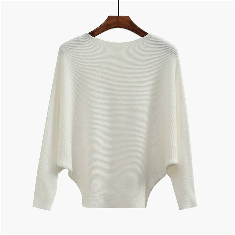 Solid Color One-Word Collar Bat Sleeve Knit Sweater