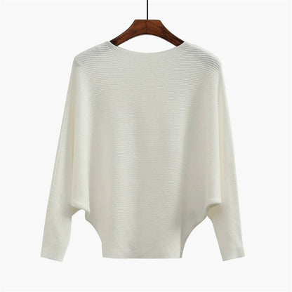 Solid Color One-Word Collar Bat Sleeve Knit Sweater