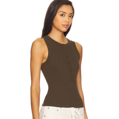 Round Neck Button Ribbed Sleeveless Vest
