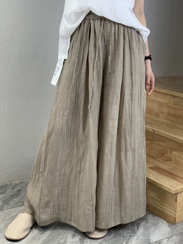 Loose Wide Leg Drawstring Elasticity Pleated Solid Color Pants Trousers