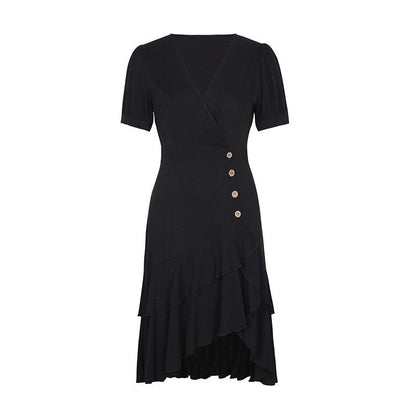 Solid Color Short-Sleeved Sexy V-Neck Irregular Slim Dress