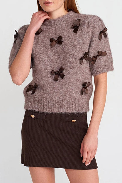 Jensin Knit Satin Bow Detail Short Sleeve Crop Sweater