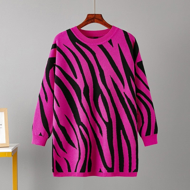 Zebra Print Crew Neck Loose Sweater