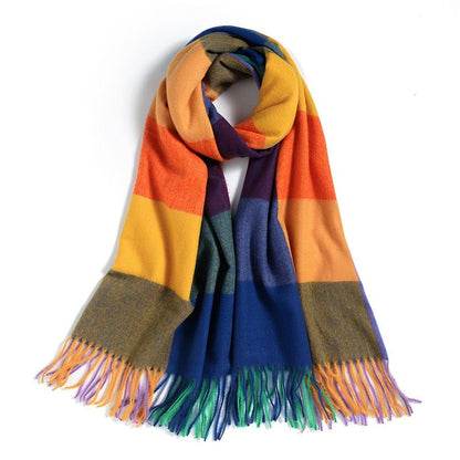 Imitated Cashmere Plaid Print Striped Tasseled Shawl Scarf