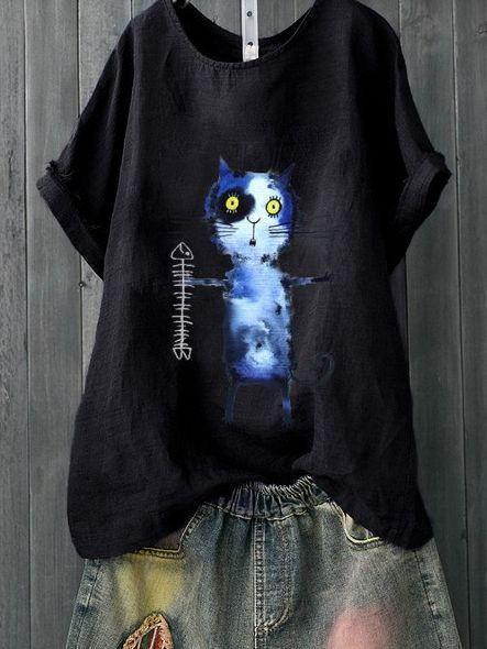 Fishbone Printing Solid Color Joker Original Artistic Crew Neck T-Shirt