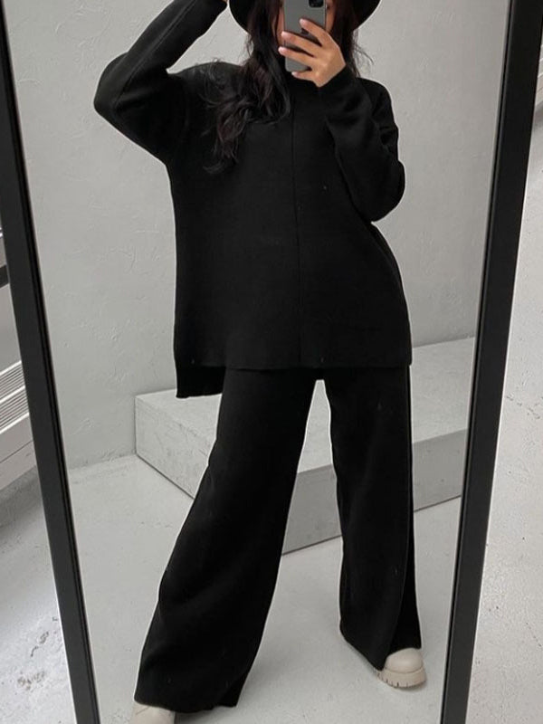 Loose Solid Color High-Neck Sweater Tops&Pants Suits