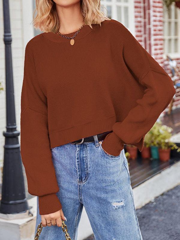 Batwing Sleeves Loose Fringed Solid Color Split-Joint Round-Neck Sweater