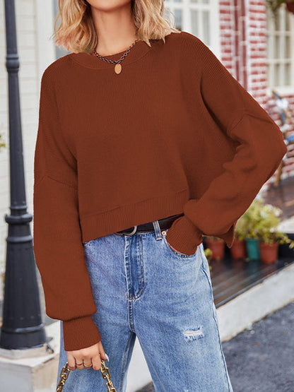 Batwing Sleeves Loose Fringed Solid Color Split-Joint Round-Neck Sweater