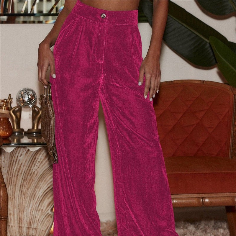 Loose Fit Button Wide Leg Trousers In Velvety Fabric