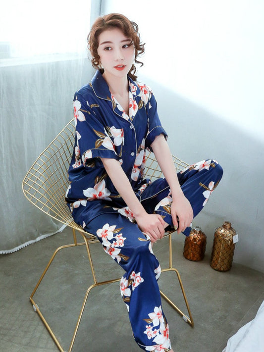 Spring And Summer New Ladies Printed Silk Casual Home Clothes Short Sleeve Trousers Summer Cardigan Pajamas