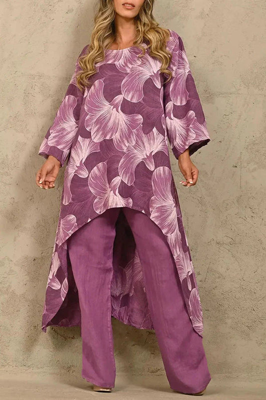 Exquisite Floral Print Crew Neck Paneled Pant Suit