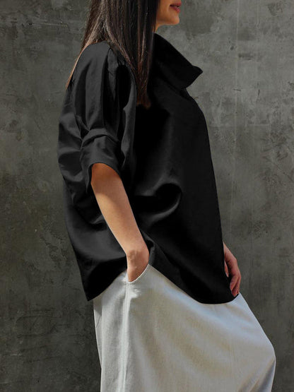 Simple Casual Loose Solid Color High-Neck Half Sleeves T-Shirt Top