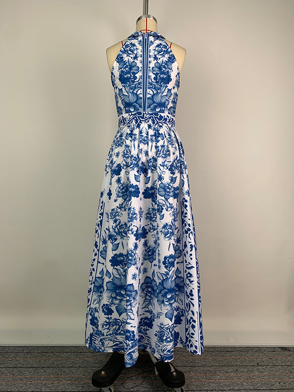 A-Line Loose Flower Print Split-Joint Lapel Maxi Dresses
