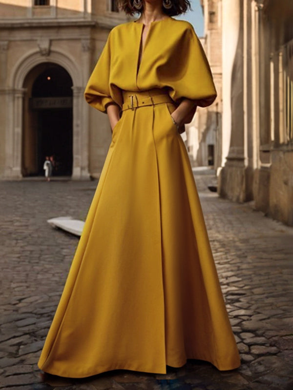 Half Sleeves Loose Belted Solid Color Deep V-Neck Maxi Dresses