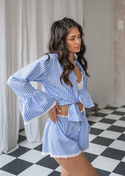 Blue Cotton Stripe Long Sleeve Shirt And Lace Trim Shorts Set