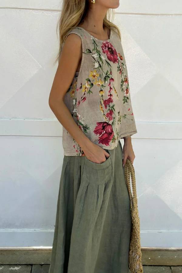 Casual Printed Tank Top \u0026 Skirt Cotton Linen Two-piece Set