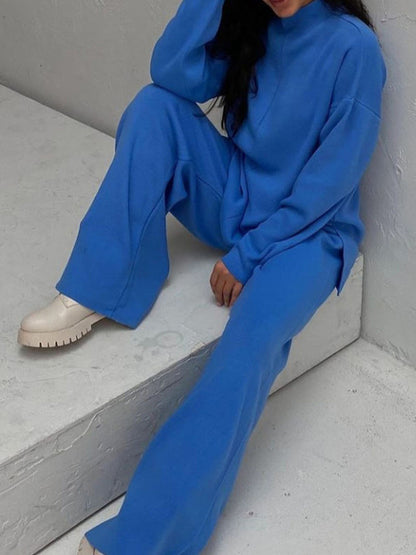 Loose Solid Color High-Neck Sweater Tops&Pants Suits