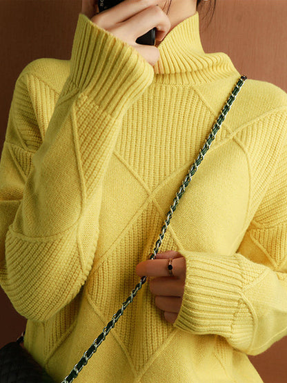 Loose Rhombus Solid Color High-Neck Sweater Tops