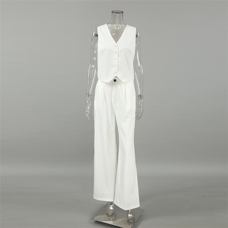 White Linen Blend Sleeveless Blazer And Trousers Set