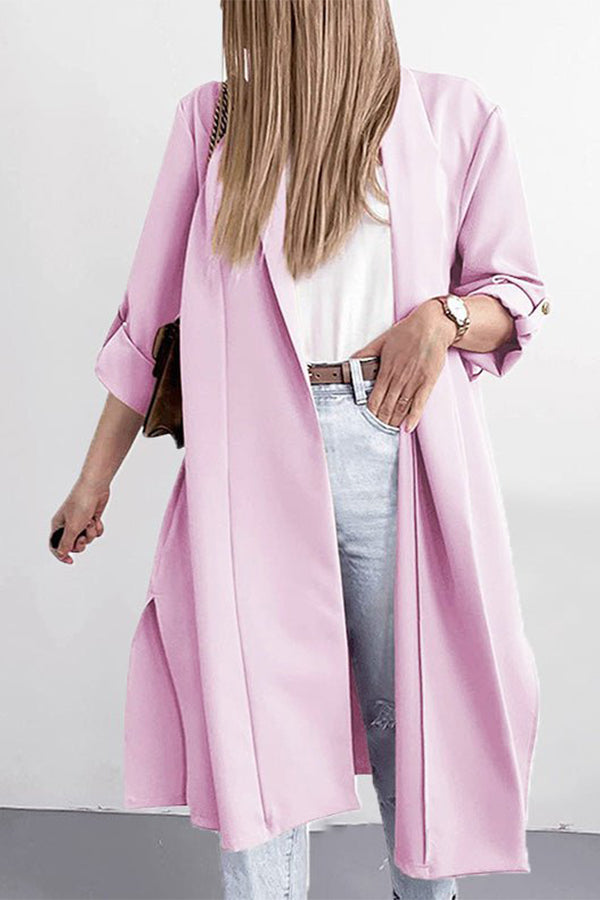 Solid Lapel 3\/4 Sleeve Slit Cardigan