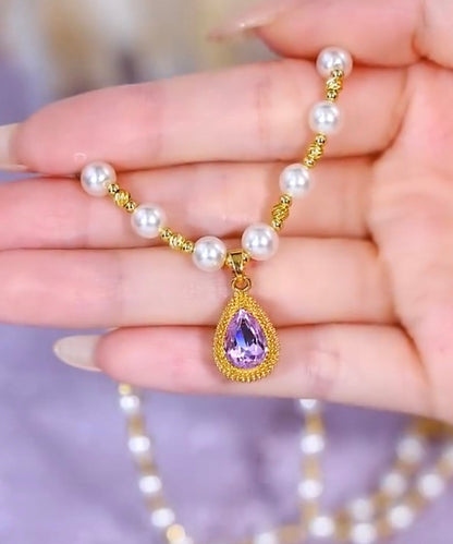 Beautiful Purple Sterling Silver Overgild Pearl Water Drop Pendant Necklace