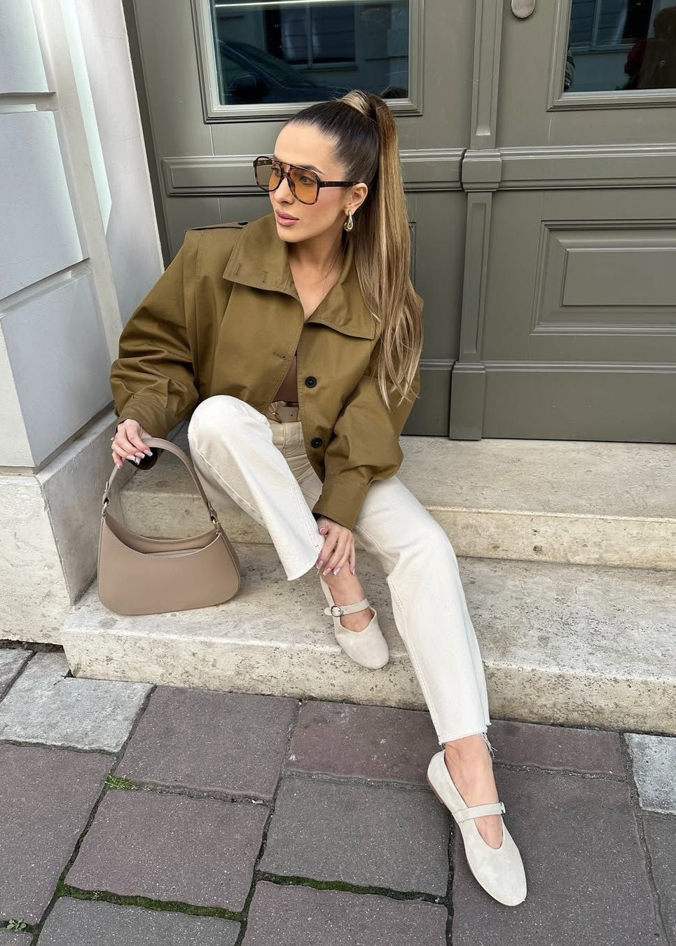 Cropped Button Up Jacket Khaki Lightweight Fabric