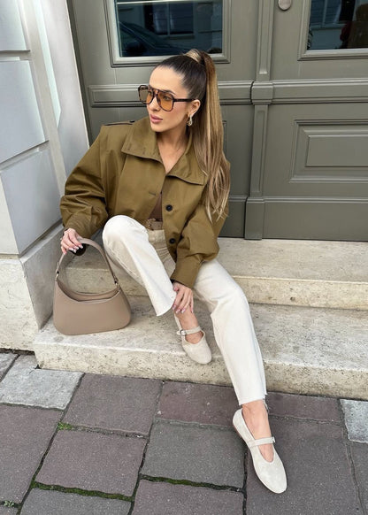 Cropped Button Up Jacket Khaki Lightweight Fabric