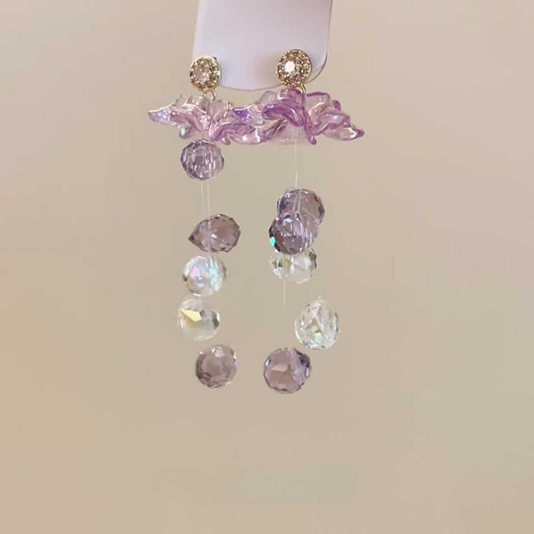 Earwish - Purple Floral &amp; Long Beaded Fringe Earrings - Delicate