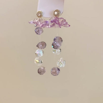 Earwish - Purple Floral &amp; Long Beaded Fringe Earrings - Delicate